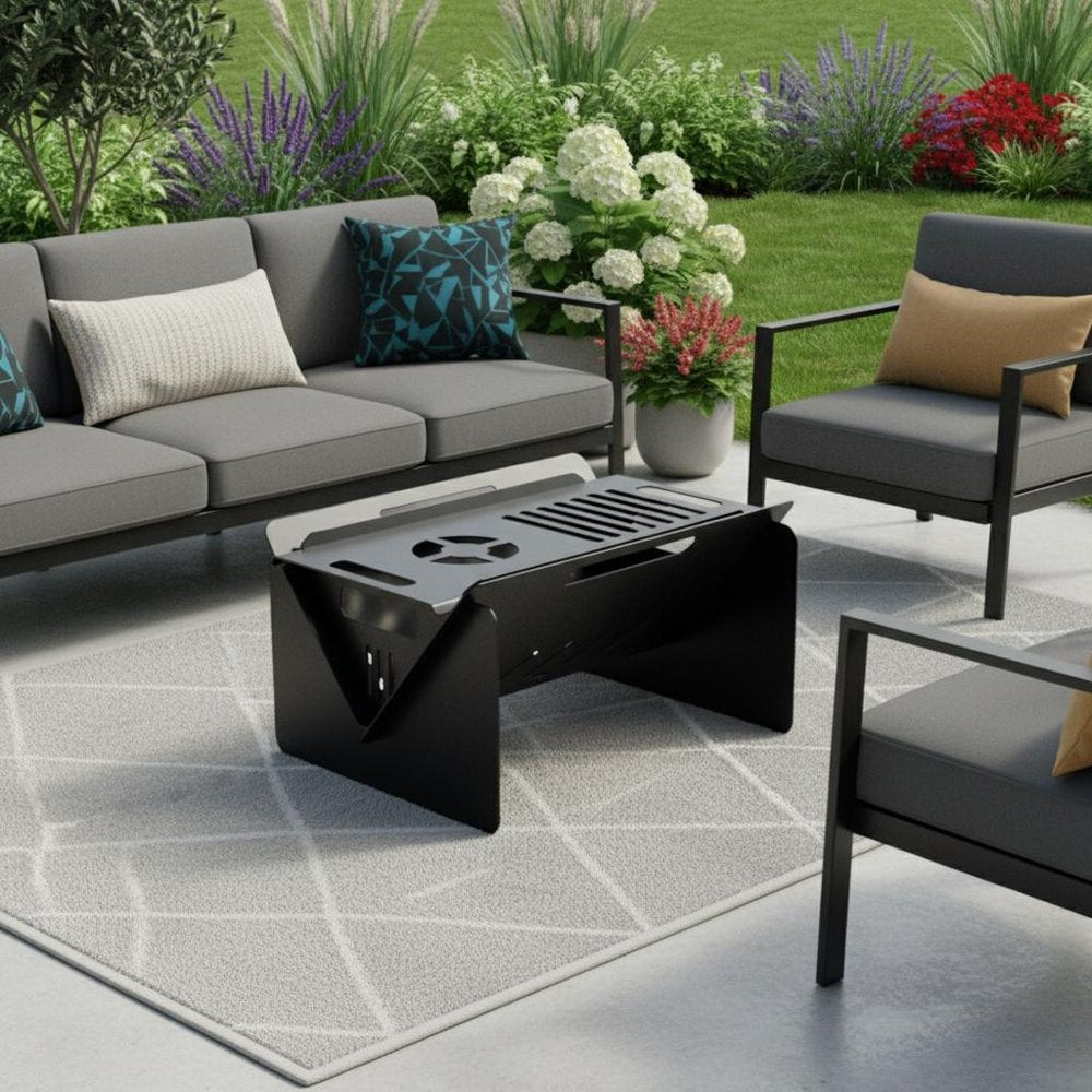 50000 BTU 16" Black Steel Wood Burning Rectangular Fire Pit With Cover