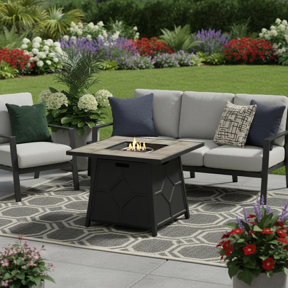 40000 BTU 28" Gray Iron Propane Square Fire Pit Table With Cover