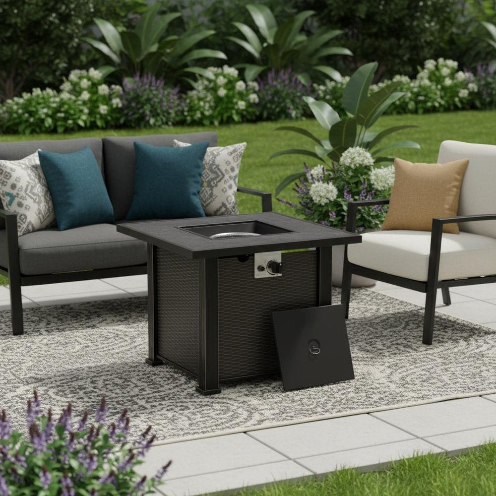 50000 BTU 30" Black Steel Propane Square Fire Pit With Cover