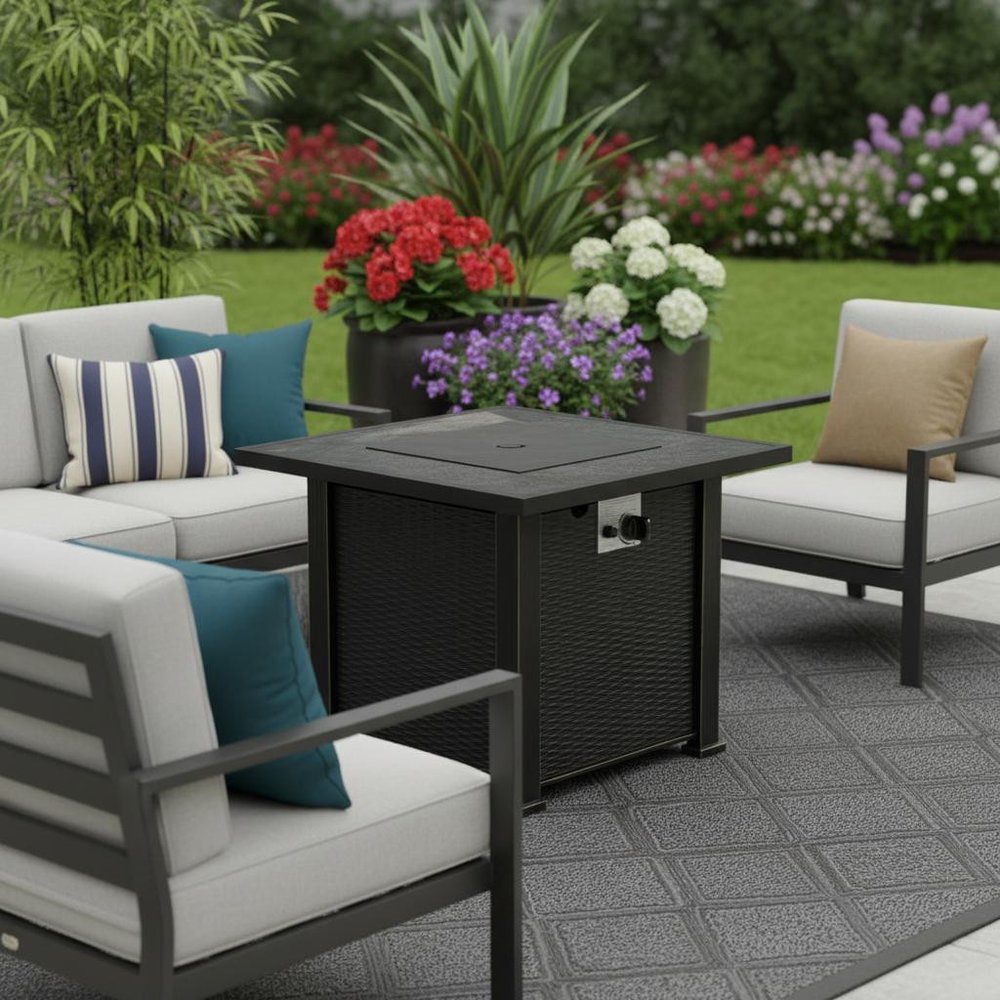 50000 BTU 30" Black Steel Propane Rectangular Fire Pit With Cover