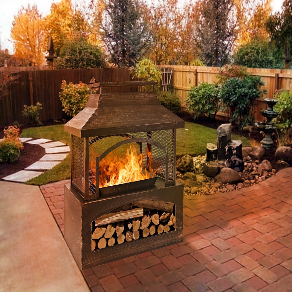 50000 BTU 37" Brown Steel Wood Burning Rectangular Fire Pit With Cover