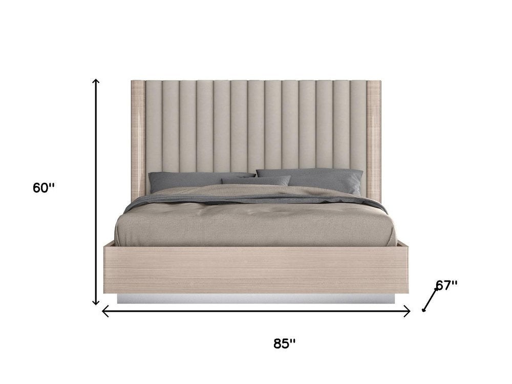 Beige Wood And Tufted Linen Blend Upholstered Queen Bed Frame