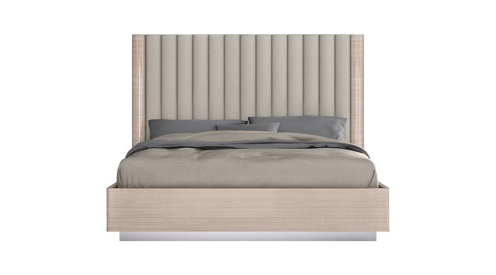 Beige Wood And Tufted Linen Blend Upholstered Queen Bed Frame