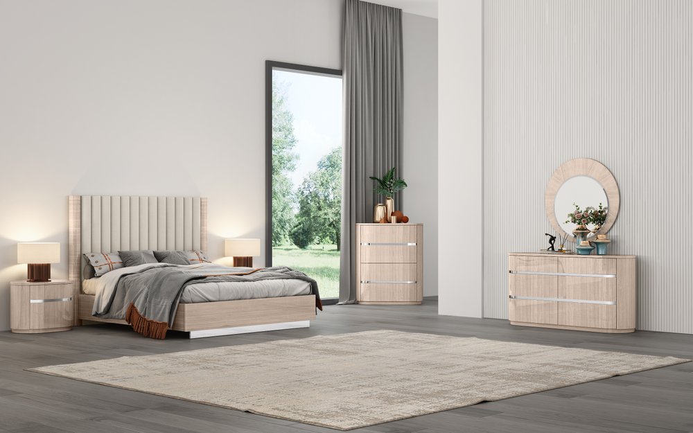 Beige Wood And Tufted Linen Blend Upholstered Queen Bed Frame