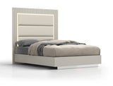 Gray Inlaid Panels Wood And Faux Leather Upholstered Queen Bed Frame