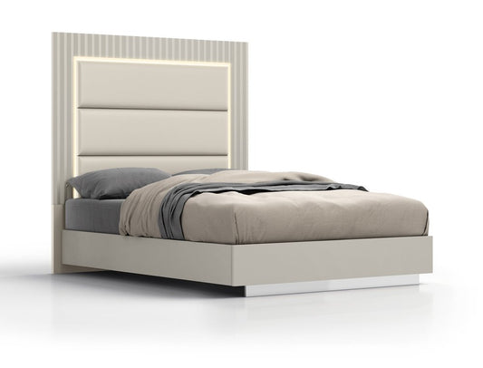 Gray Inlaid Panels Wood And Faux Leather Lighted Upholstered Queen Bed Frame