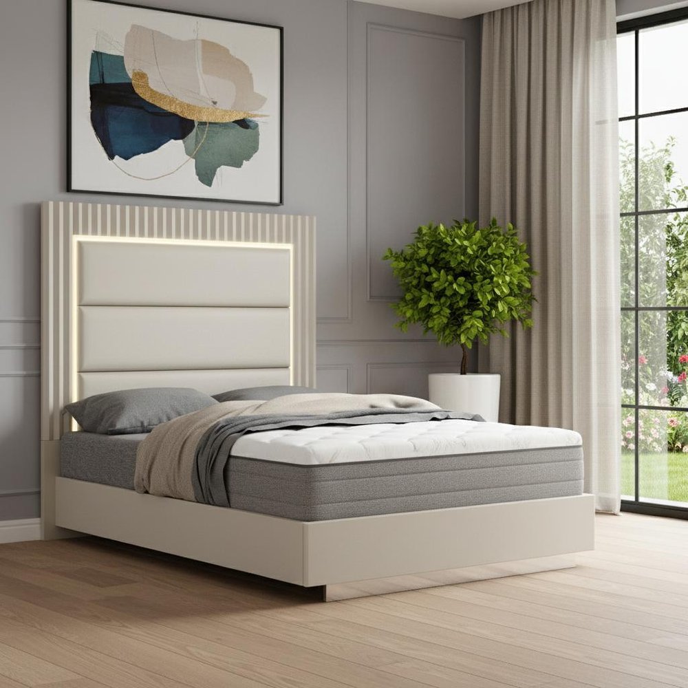 Gray Wood And Tufted Faux Leather Lighted Upholstered Queen Bed Frame