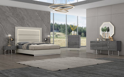 Gray Wood And Tufted Faux Leather Lighted Upholstered King Bed Frame