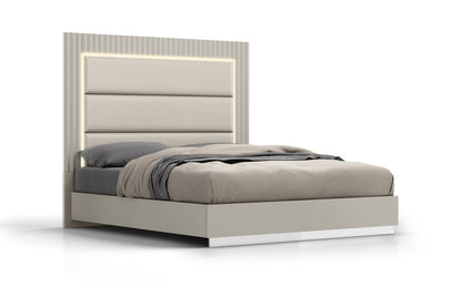 Gray Inlaid Panels Wood And Faux Leather Lighted Upholstered King Bed Frame