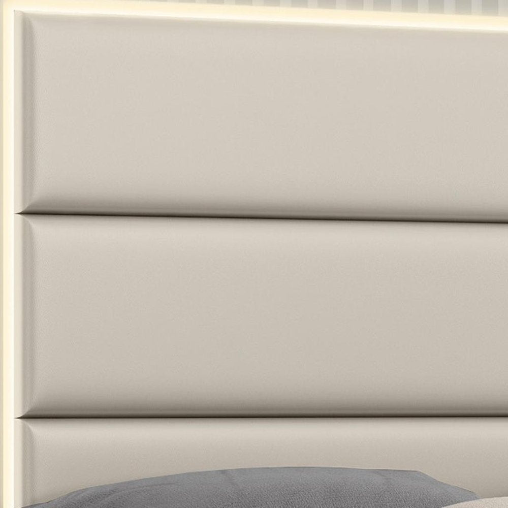 Gray Inlaid Panels Wood And Faux Leather Lighted Upholstered King Bed Frame