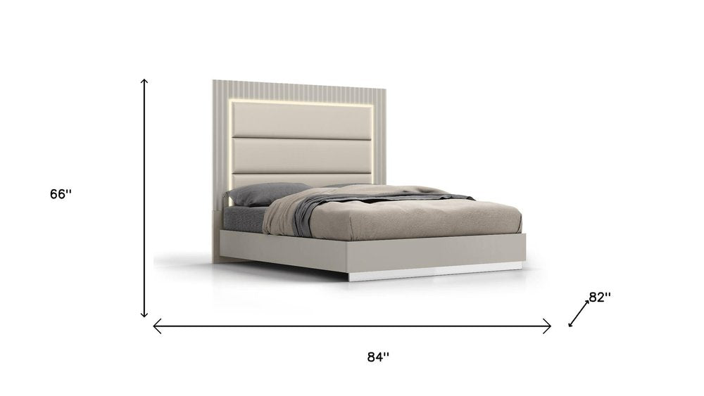 Gray Wood And Tufted Faux Leather Lighted Upholstered King Bed Frame