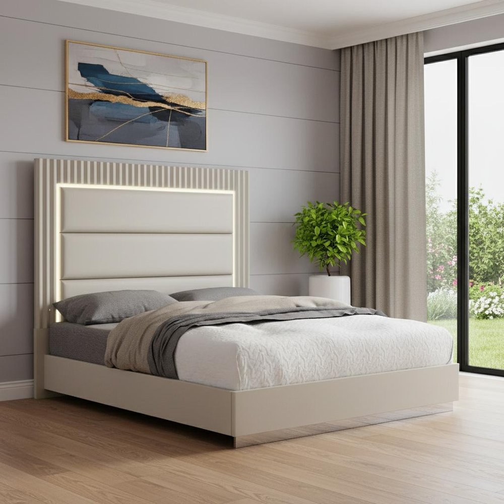 Gray Inlaid Panels Wood And Faux Leather Lighted Upholstered King Bed Frame
