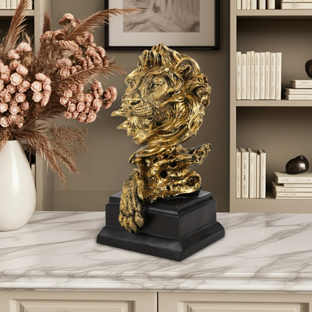 13" Antiqued Gold Resin Lion Hand Painted Tabletop Sculpture