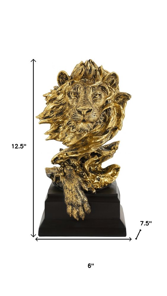 13" Antiqued Gold Resin Lion Hand Painted Tabletop Sculpture