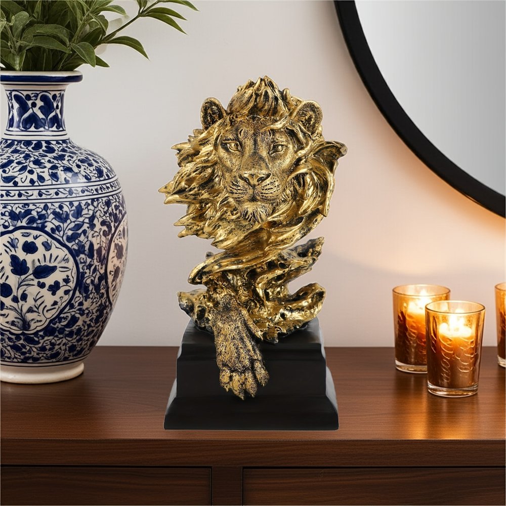 13" Antiqued Gold Resin Lion Hand Painted Tabletop Sculpture