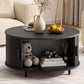Round Coffee Table with Storage,31.5" Modern Coffee Table with 360° Curved Sliding Door,Fluted Wood Accent Coffee Tablee