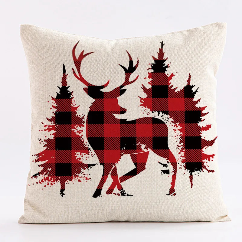 Red Snowflake Deer Christmas Pattern throw pillow cover with short plush print for living room sofa decoration cushion cover