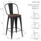 Barstools Counter Height Bar Stools for Kitchen Island Farmhouse Metal High Back Bar Chairs Wooden Seat 24" Matte Black