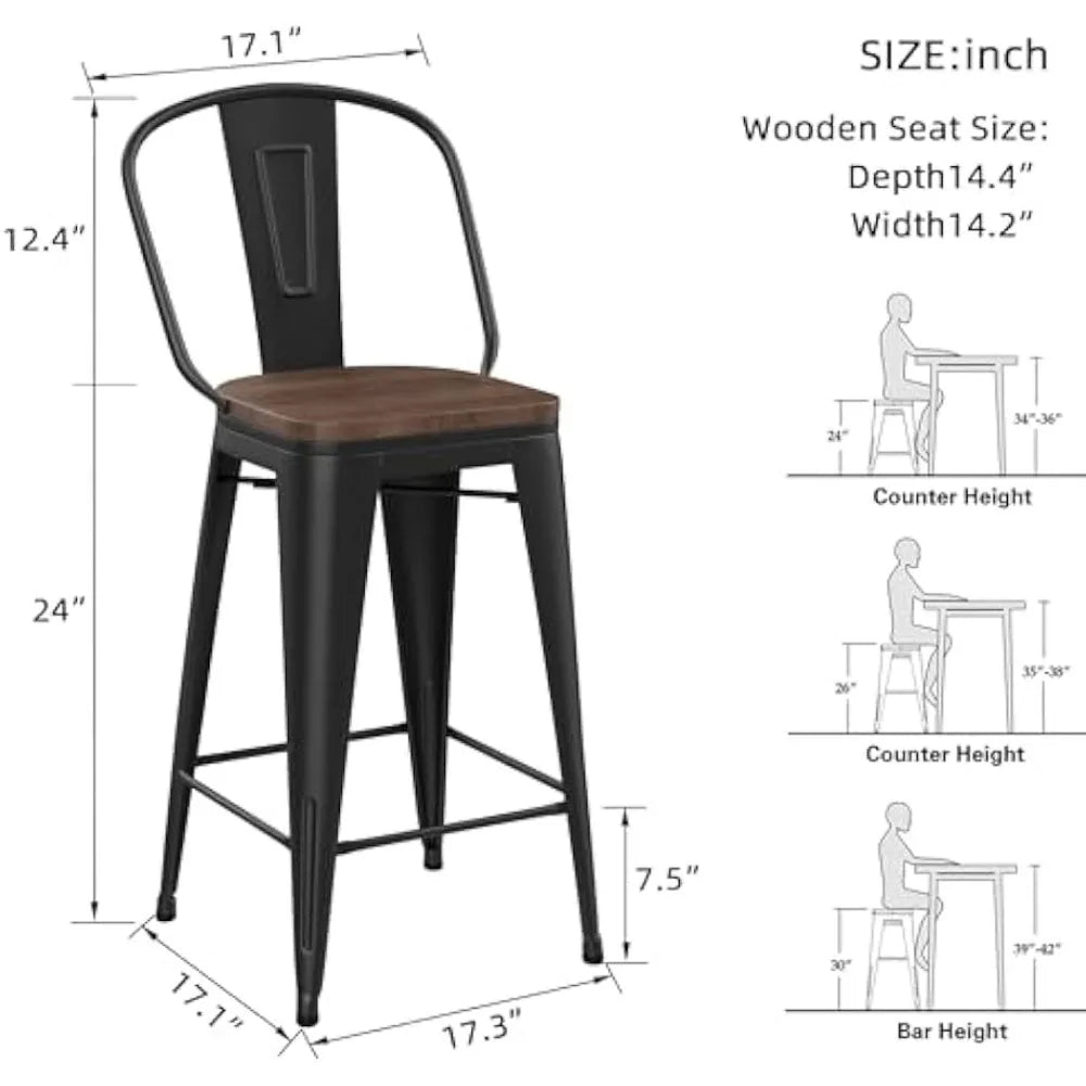 Barstools Counter Height Bar Stools for Kitchen Island Farmhouse Metal High Back Bar Chairs Wooden Seat 24" Matte Black