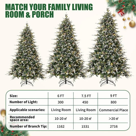 6Ft/7.5Ft/9Ft Pre-Lit Snow Flocked Christmas Tree 8-Modes LED Lights Prelit Artificial Tree With Fake Pine Cones For Home Decor