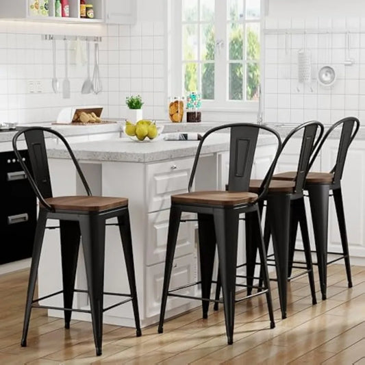 Barstools Counter Height Bar Stools for Kitchen Island Farmhouse Metal High Back Bar Chairs Wooden Seat 24" Matte Black