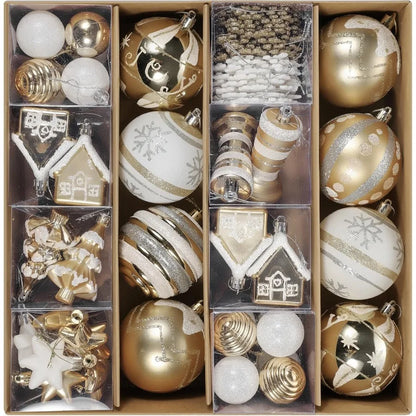 60Piece Shatterproof White Gold Assorted Christmas Ball Ornaments Set for Holiday Party Wedding and Christmas Tree Decoration E