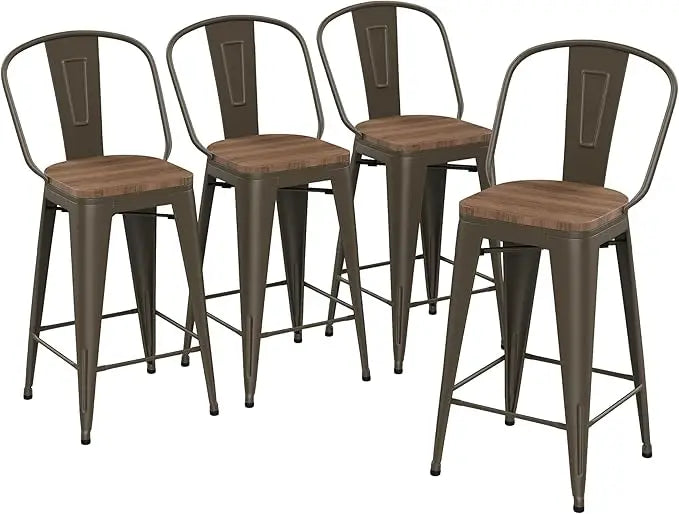 Barstools Counter Height Bar Stools for Kitchen Island Farmhouse Metal High Back Bar Chairs Wooden Seat 24" Matte Black