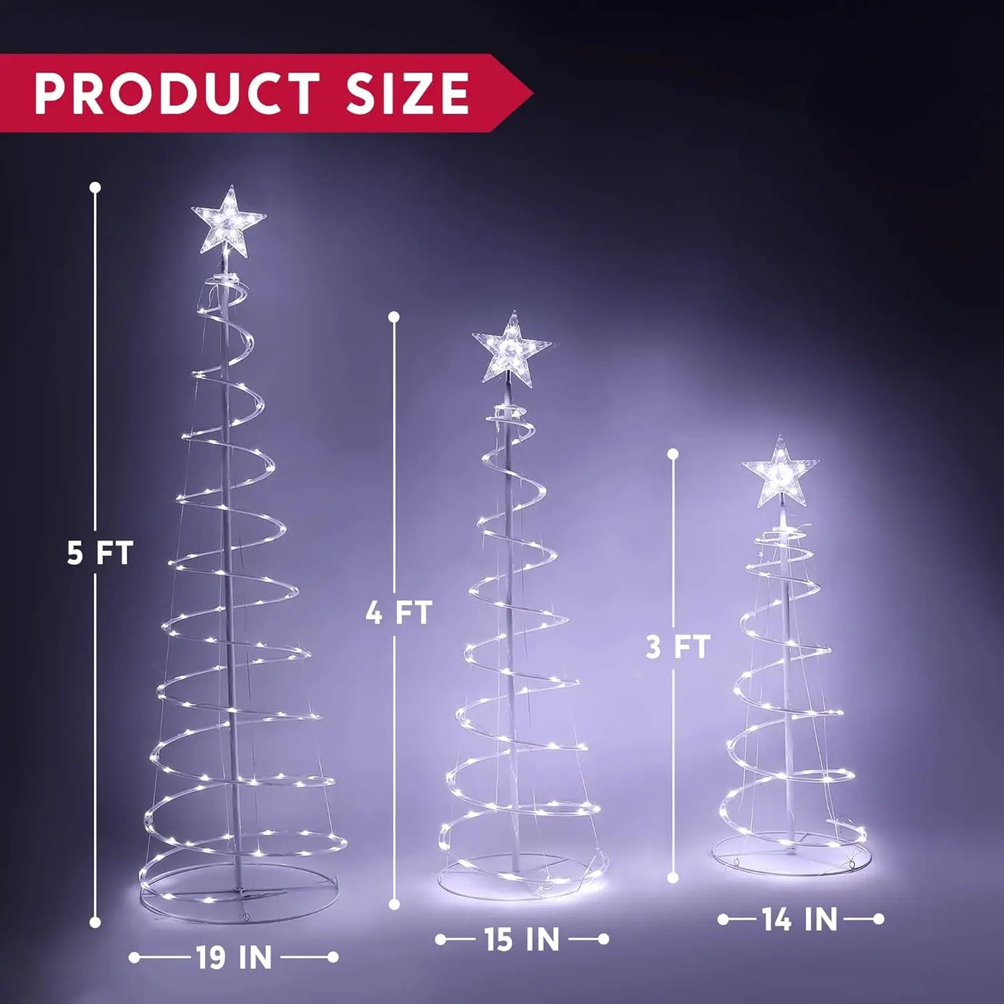 JOYFY 3 Pack Spiral Christmas Tree Light 218 LED Lighted Tree with Star Topper & Stakes for Christmas Decorations Xmas Eve Night