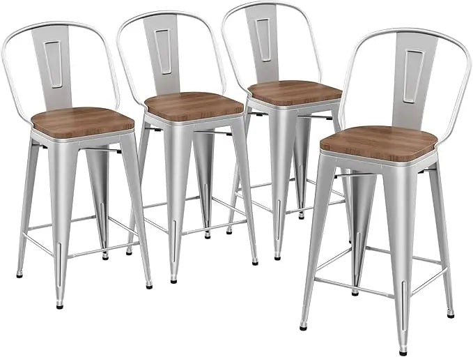 Barstools Counter Height Bar Stools for Kitchen Island Farmhouse Metal High Back Bar Chairs Wooden Seat 24" Matte Black