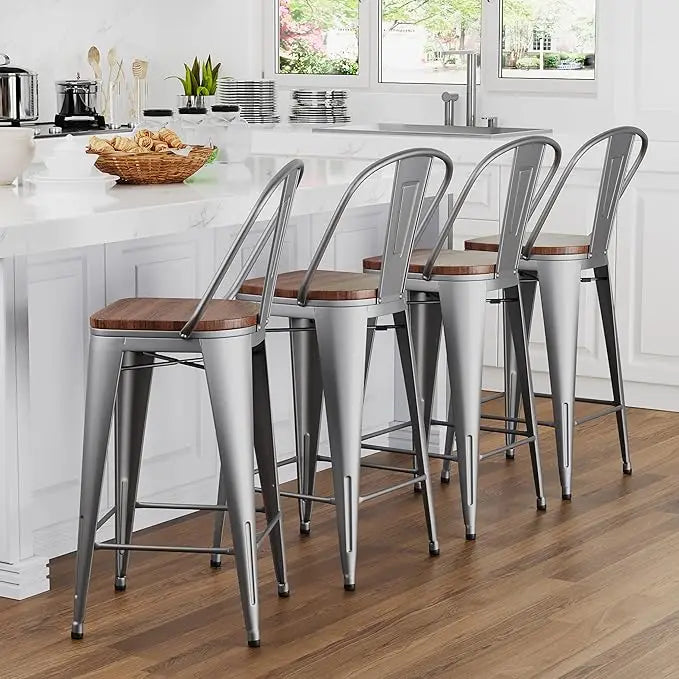 Barstools Counter Height Bar Stools for Kitchen Island Farmhouse Metal High Back Bar Chairs Wooden Seat 24" Matte Black