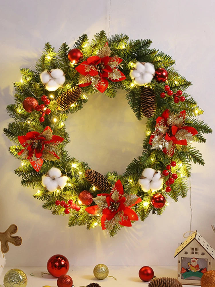Christmas Hanging Decorations with Spruce Pine Cones Berry Ball 40CM Garland Decoration PVC Light Up for Wall Front Door Window