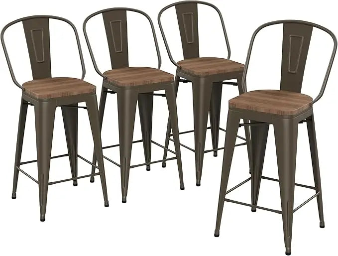 Barstools Counter Height Bar Stools for Kitchen Island Farmhouse Metal High Back Bar Chairs Wooden Seat 24" Matte Black