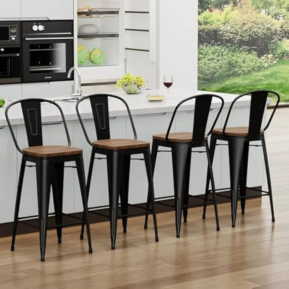 Barstools Counter Height Bar Stools for Kitchen Island Farmhouse Metal High Back Bar Chairs Wooden Seat 24" Matte Black