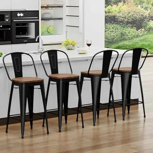 Barstools Counter Height Bar Stools for Kitchen Island Farmhouse Metal High Back Bar Chairs Wooden Seat 24" Matte Black