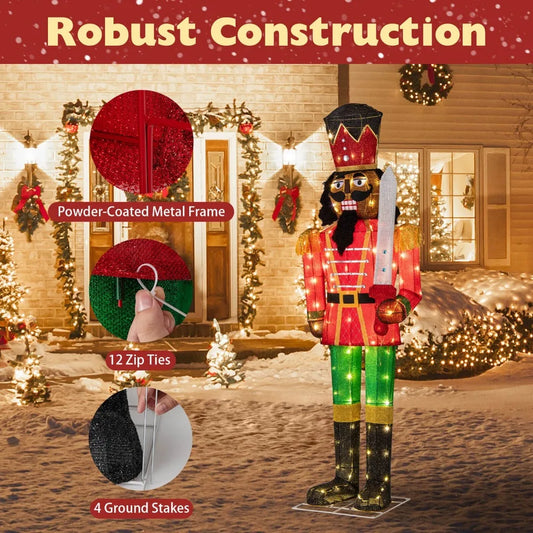 5 FT Lighted Christmas Nutcracker w/Glitter Sword, 100 LED Lights Ground Stakes