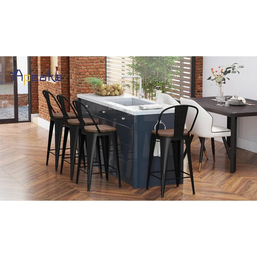 Barstools Counter Height Bar Stools for Kitchen Island Farmhouse Metal High Back Bar Chairs Wooden Seat 24" Matte Black