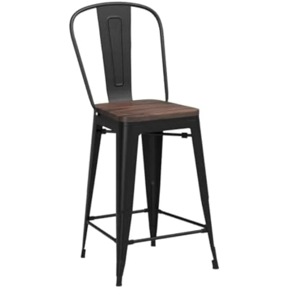 Barstools Counter Height Bar Stools for Kitchen Island Farmhouse Metal High Back Bar Chairs Wooden Seat 24" Matte Black